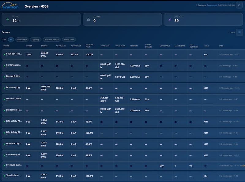 Enerlon IoT Dashboard - Overview screen showing 12 active devices